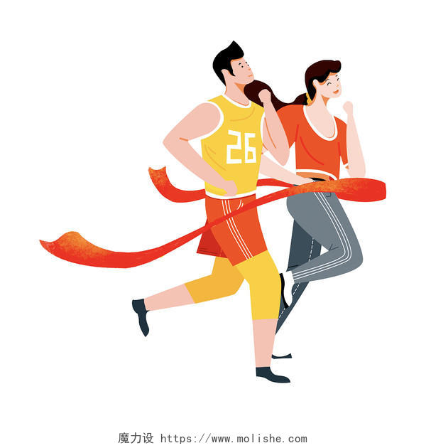 彩色手绘卡通男孩女孩在运动会上比赛跑步元素PNG素材